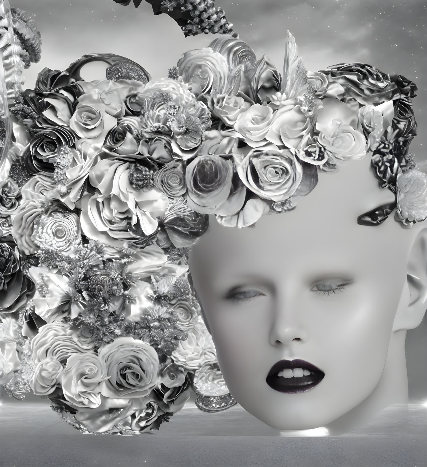 Monochrome mannequin head with metallic flower headdress