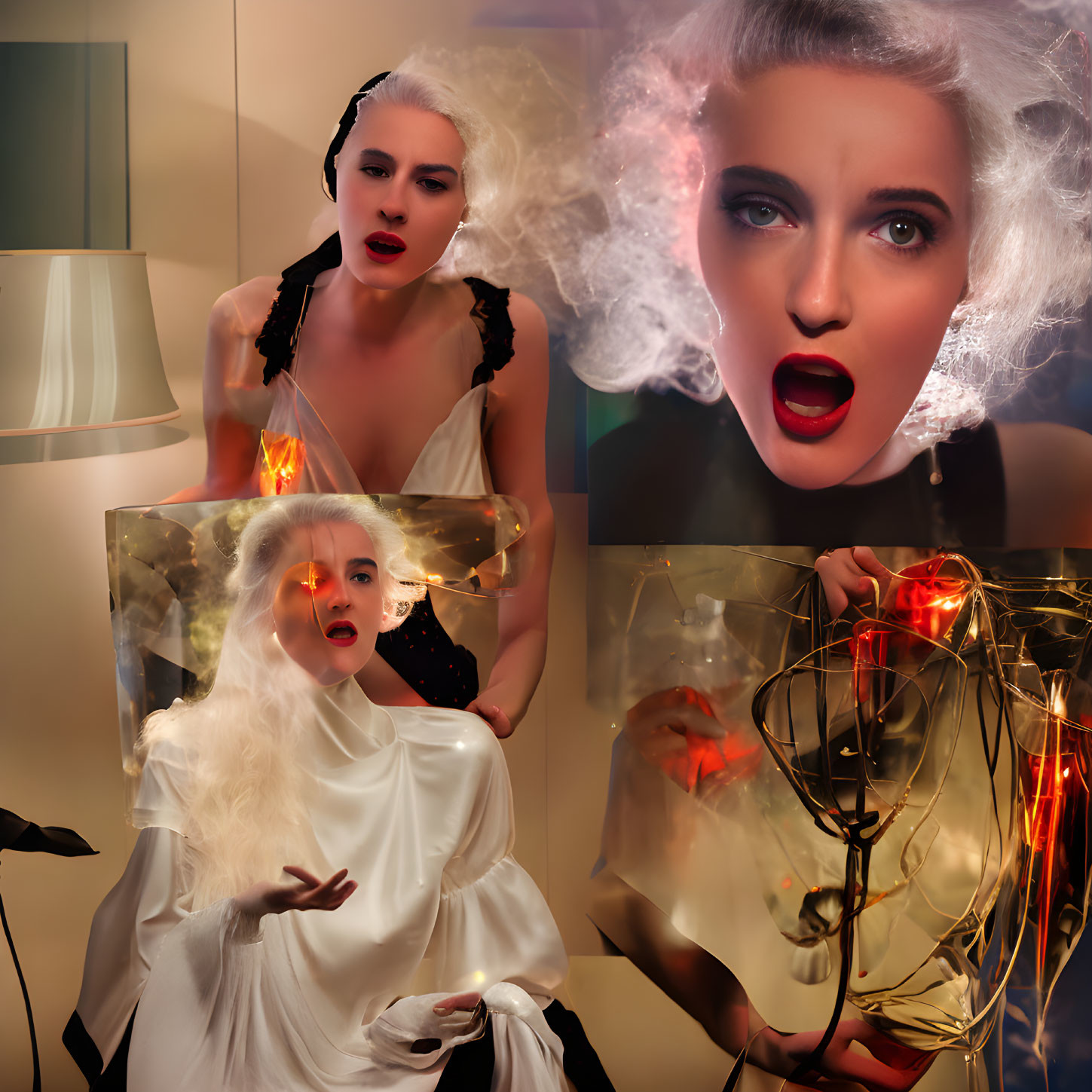 Four Images: Woman with White Hair, Expressive Poses, Dramatic Makeup, Surreal Atmos