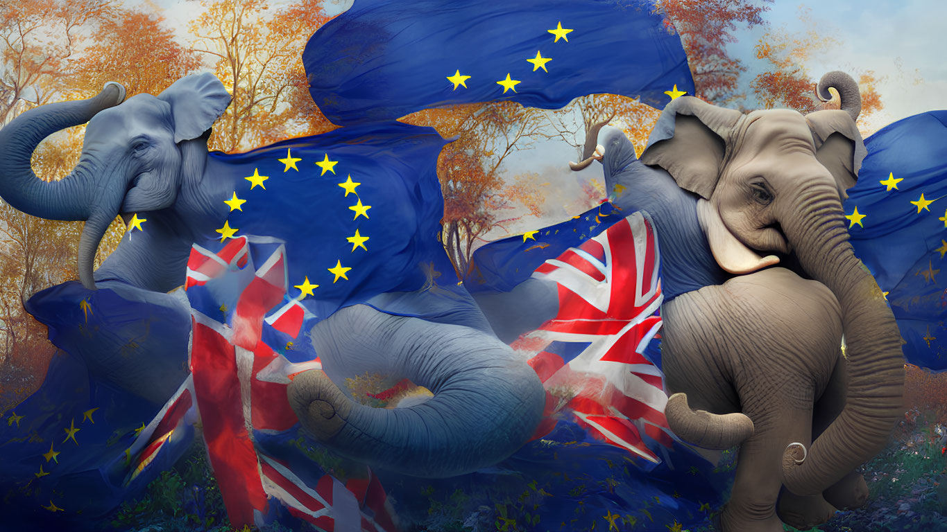 Elephants with EU and UK flags in autumn forest backdrop