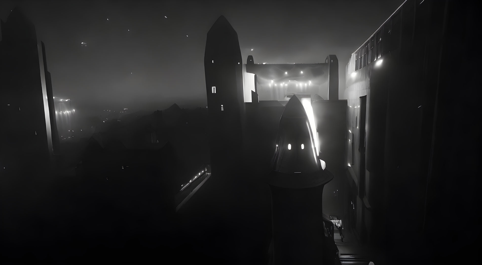 Monochrome futuristic cityscape at night with fog and dim lights