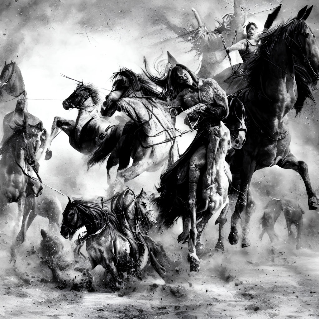 Monochromatic artwork of fierce warriors on horseback charging through dust