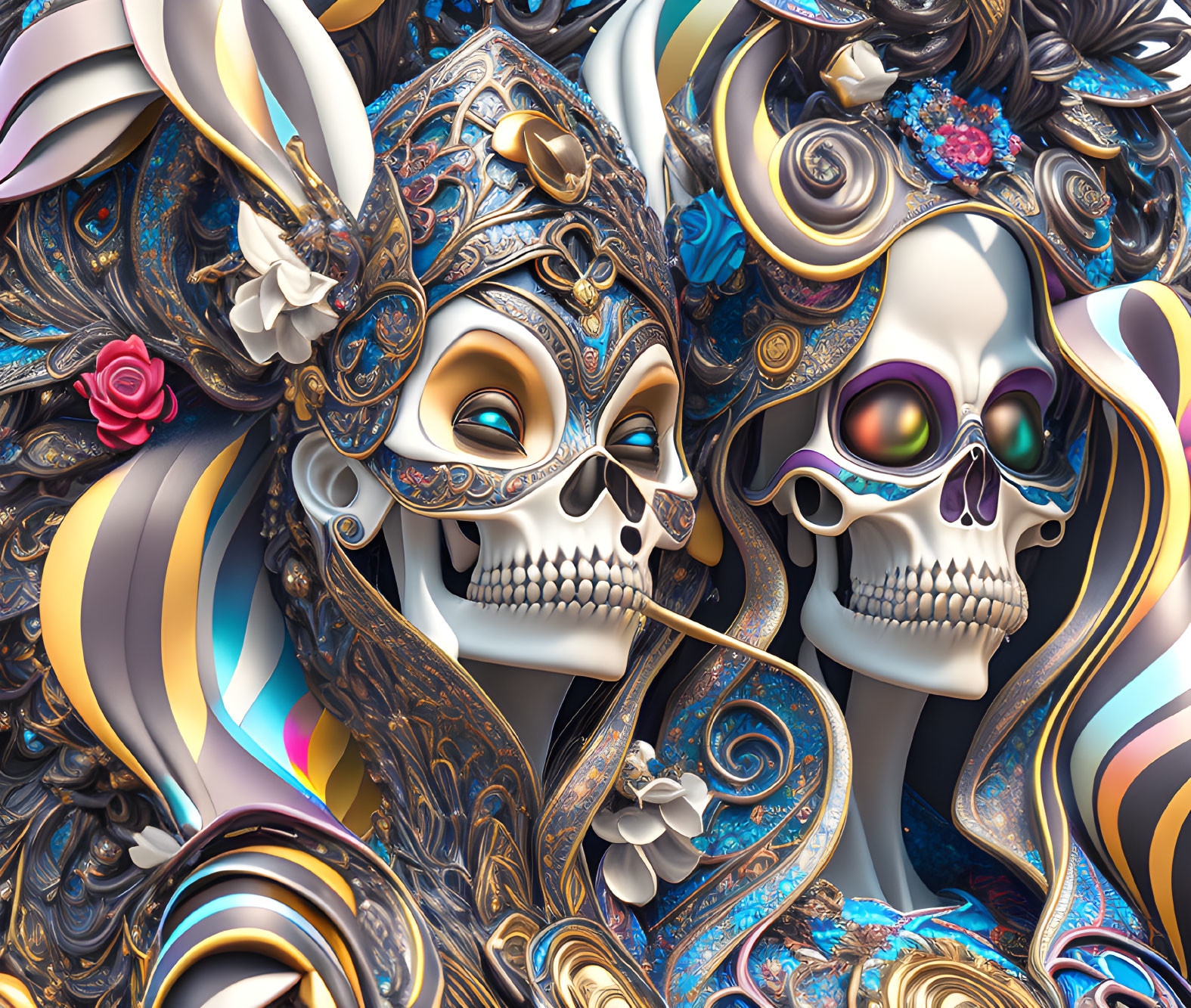 Detailed digital artwork: Ornate skulls with Venetian masks, swirling patterns, and floral elements