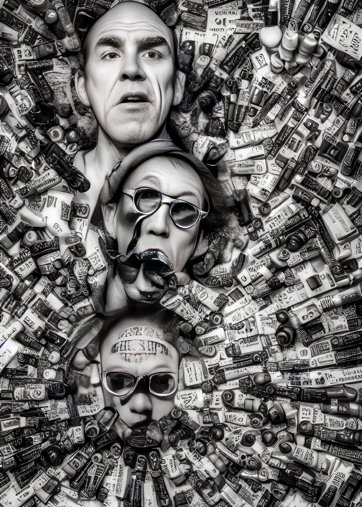 Surreal black and white photo with three faces in a chaotic cinematic setting