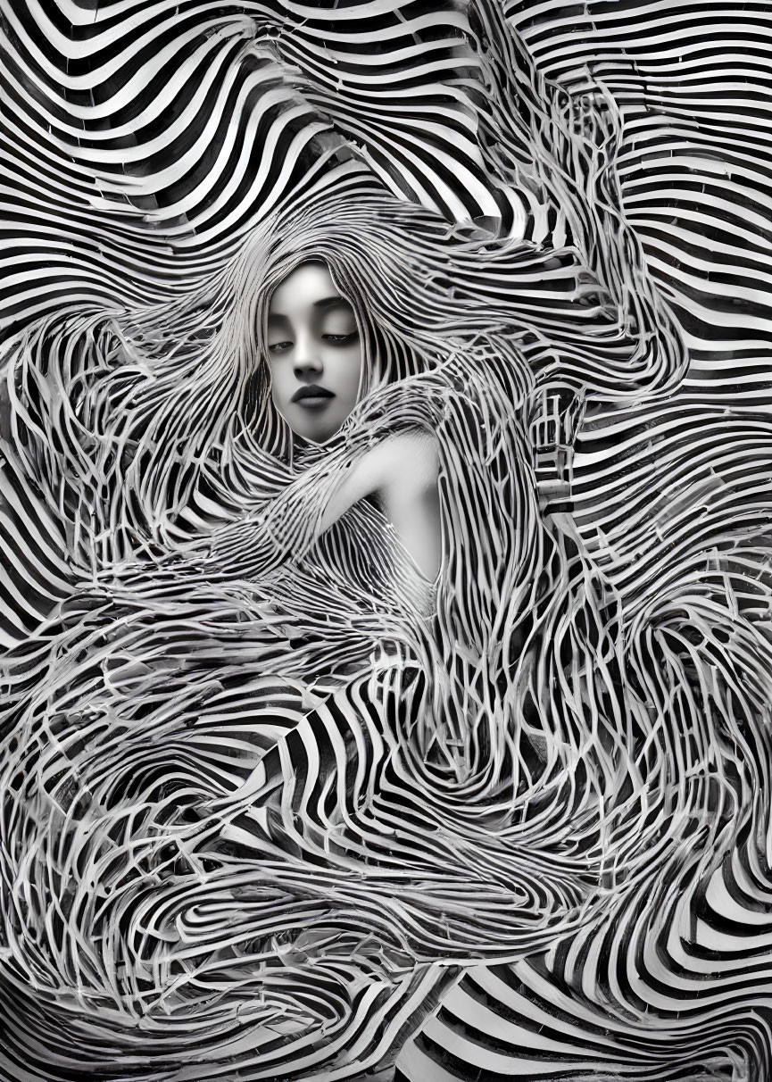 Grayscale abstract image of woman's face and flowing hair with wave-like patterns