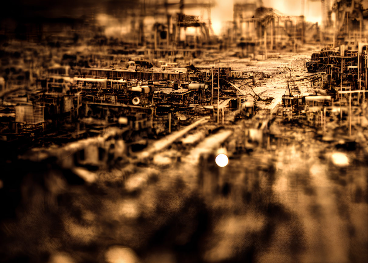 Sepia-Toned Industrial Landscape with Blurred Foreground and Gritty Atmosphere