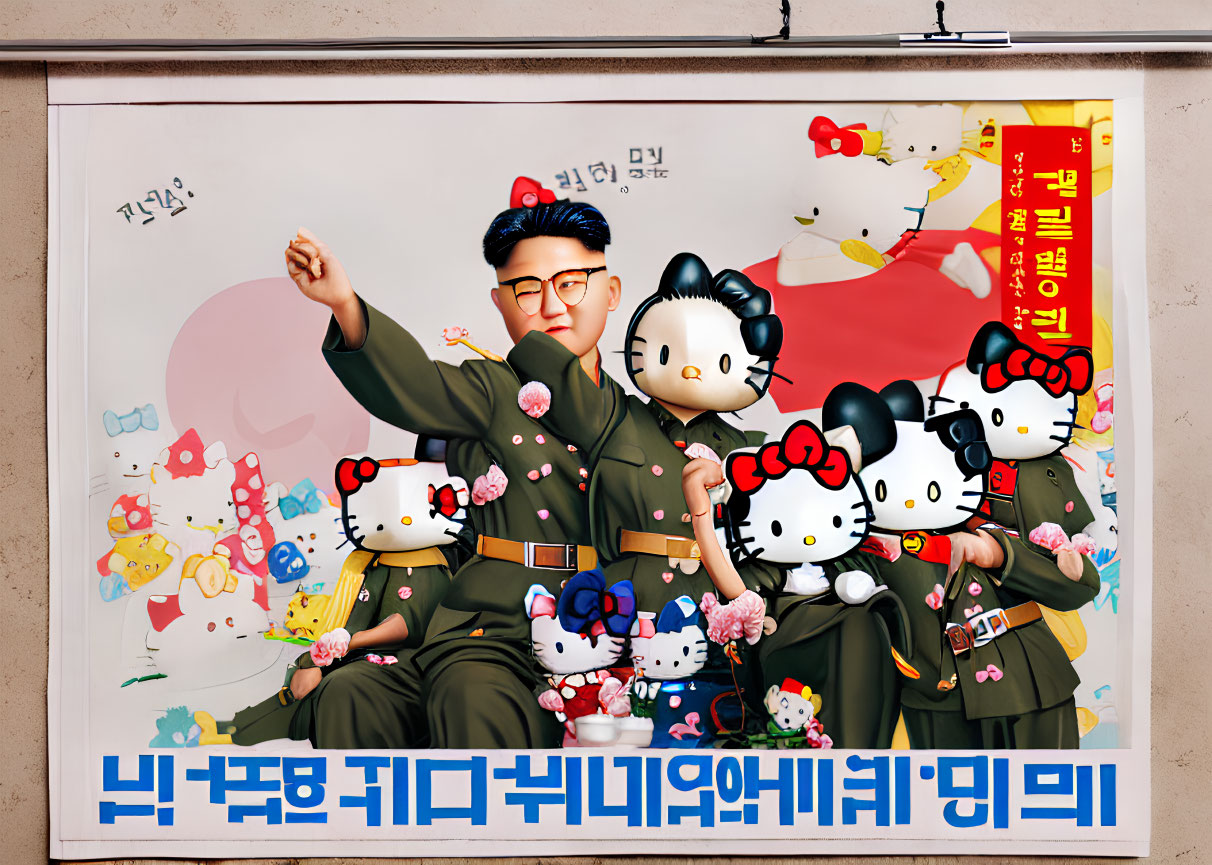 Satirical artwork featuring political figure in military uniform with Hello Kitty characters, Korean text street poster.