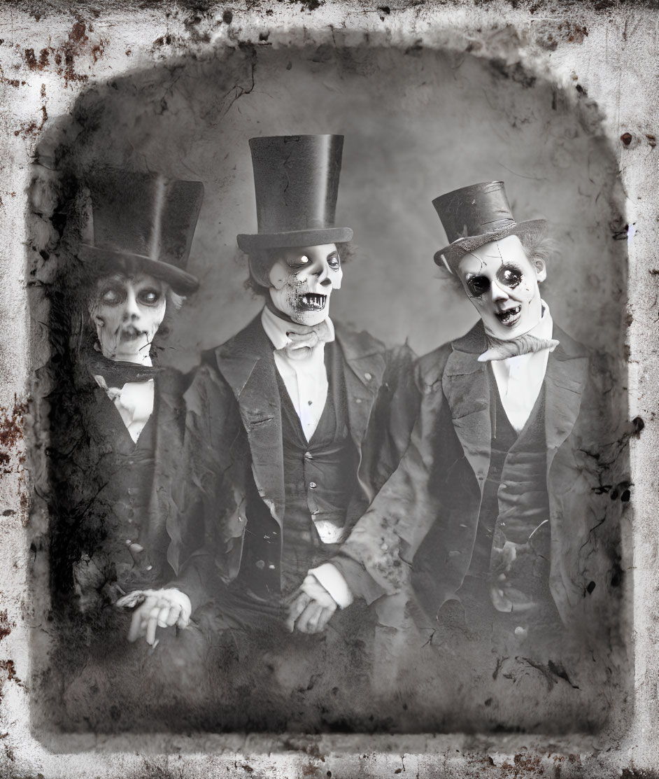 Vintage sepia photograph: Three people in skull makeup and Victorian attire with top hats in eerie setting.