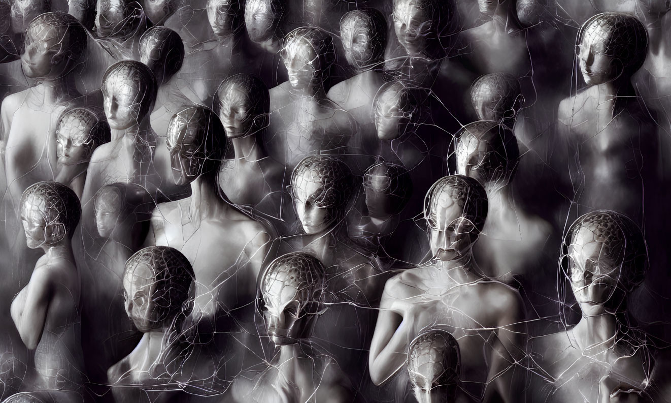 Monochrome artwork of humanoid figures with intricate mesh patterns and connecting lines