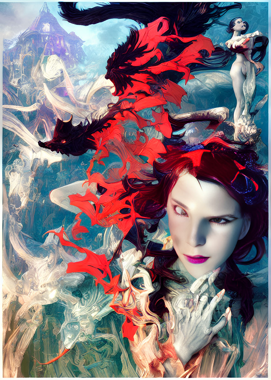 Digital artwork of woman with red accents in front of swirling background and fantastical castle