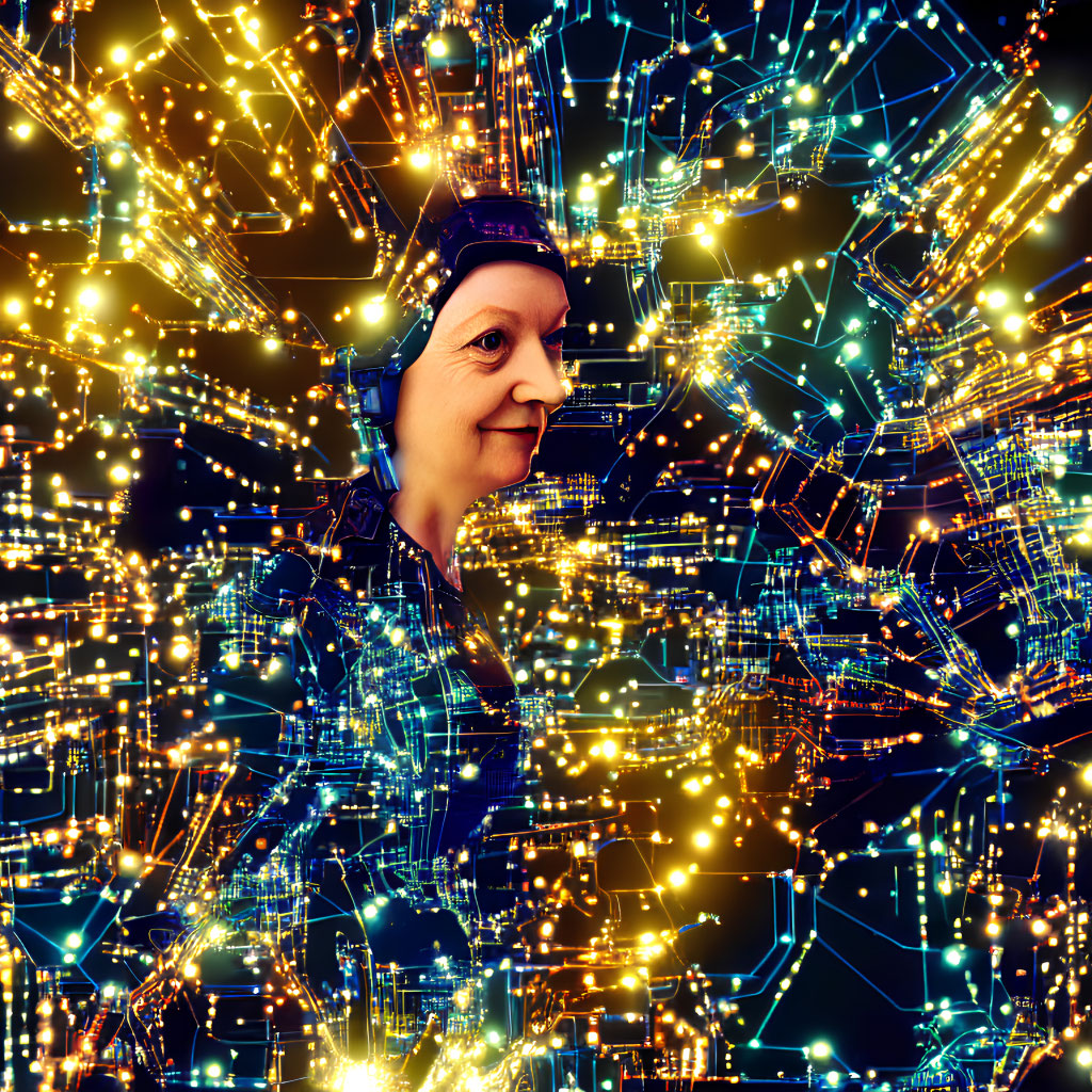 Digital artwork of person with circuitry-like body against glowing lines and nodes.