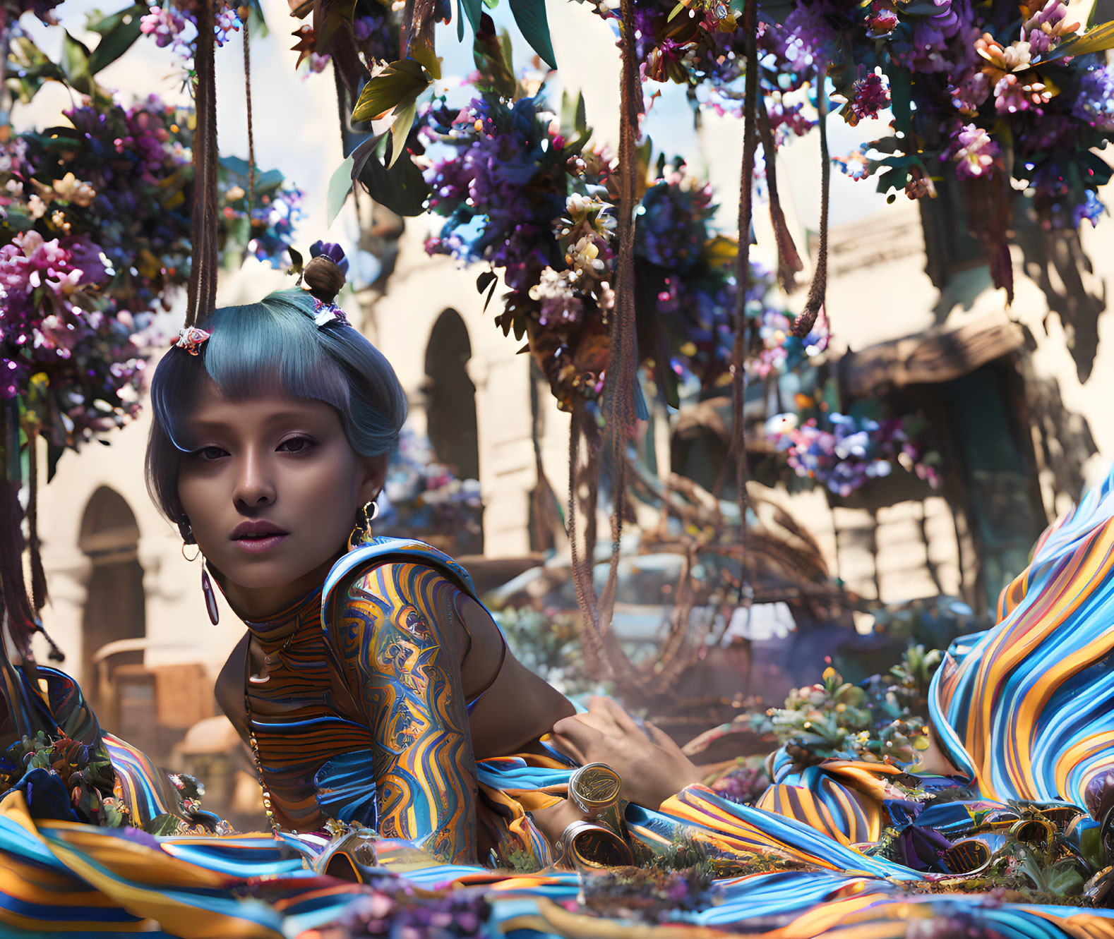 Blue-haired person with striking makeup in lush, colorful flora setting.