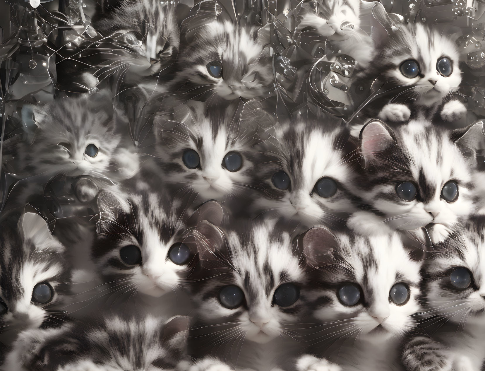 Cluster of cute kittens with big blue eyes and fluffy fur in mirrored effect