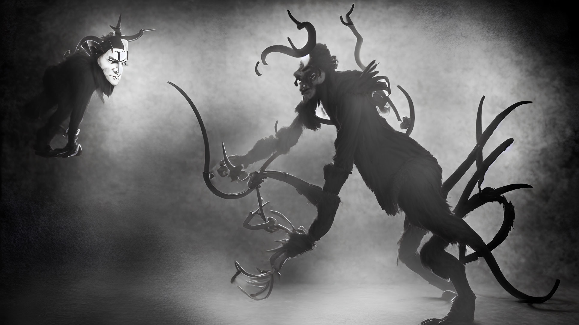 Monochromatic fantasy scene featuring imposing horned creatures in swirling mist