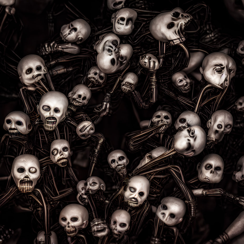 Eerie skeletal figures in dark, interconnected setting