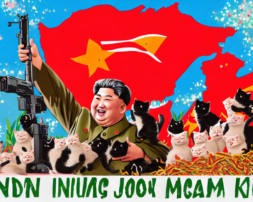 Man in military garb with gun laughing in front of map surrounded by cats and nonsensical text