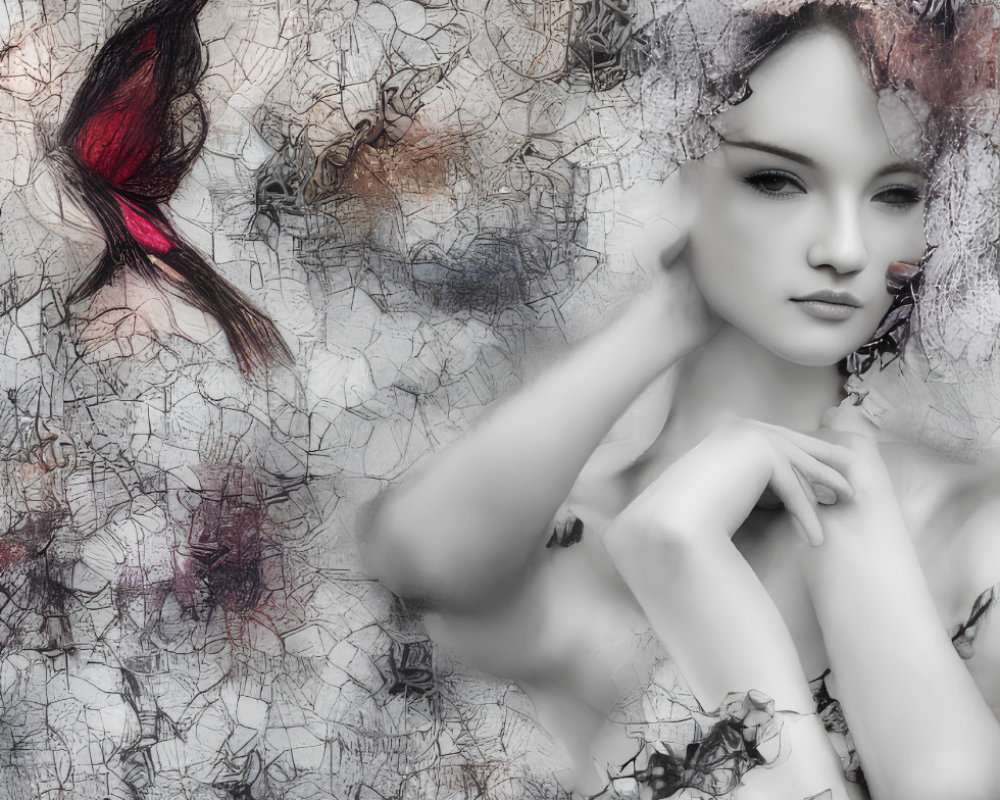 Stylized portrait of woman with pale skin and red hair on textured grayscale background