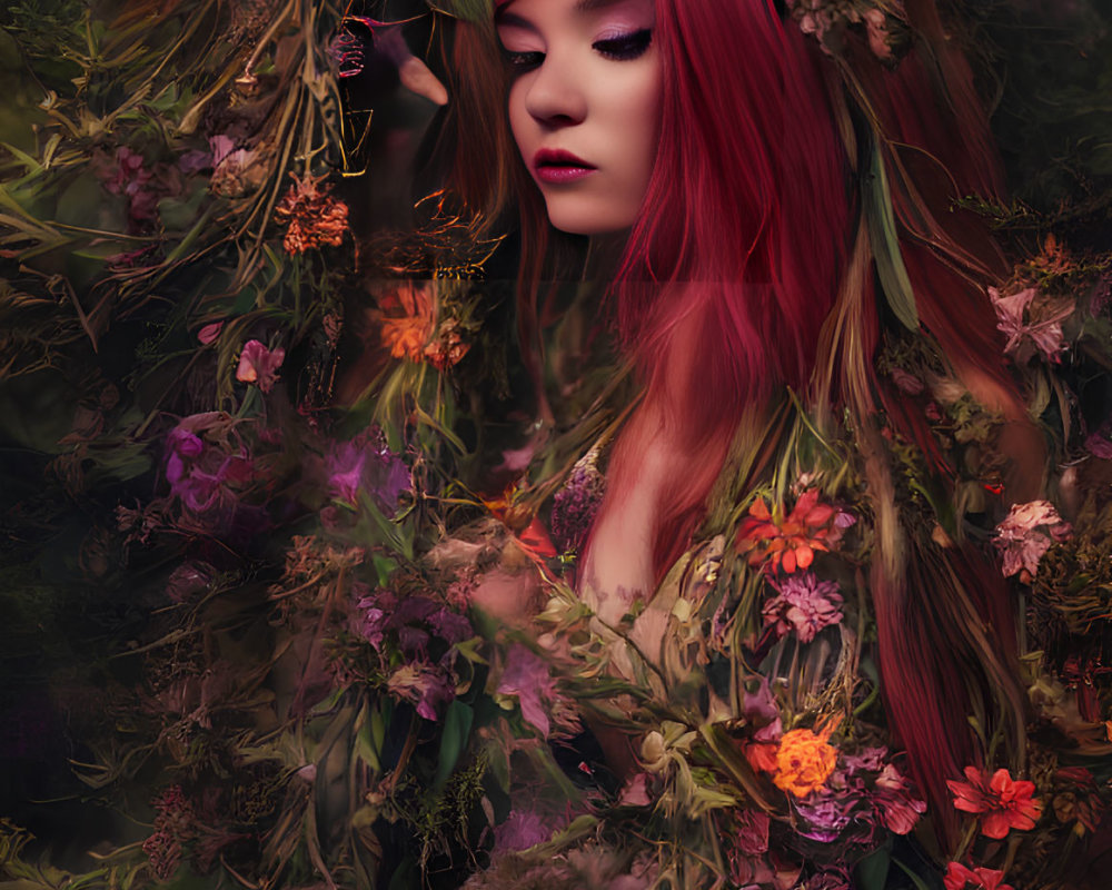 Red-haired woman surrounded by flowers in serene setting