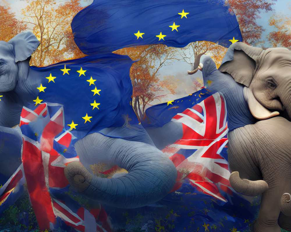 Elephants with EU and UK flags in autumn forest backdrop