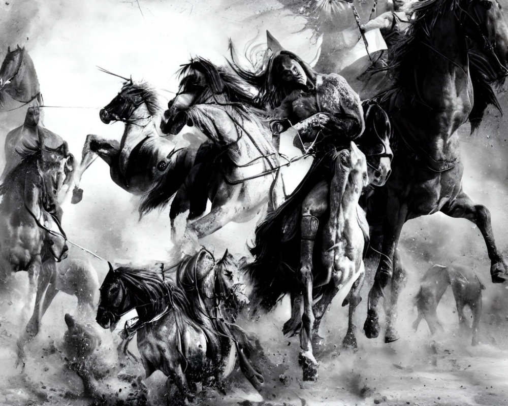 Monochromatic artwork of fierce warriors on horseback charging through dust