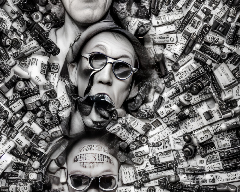 Surreal black and white photo with three faces in a chaotic cinematic setting