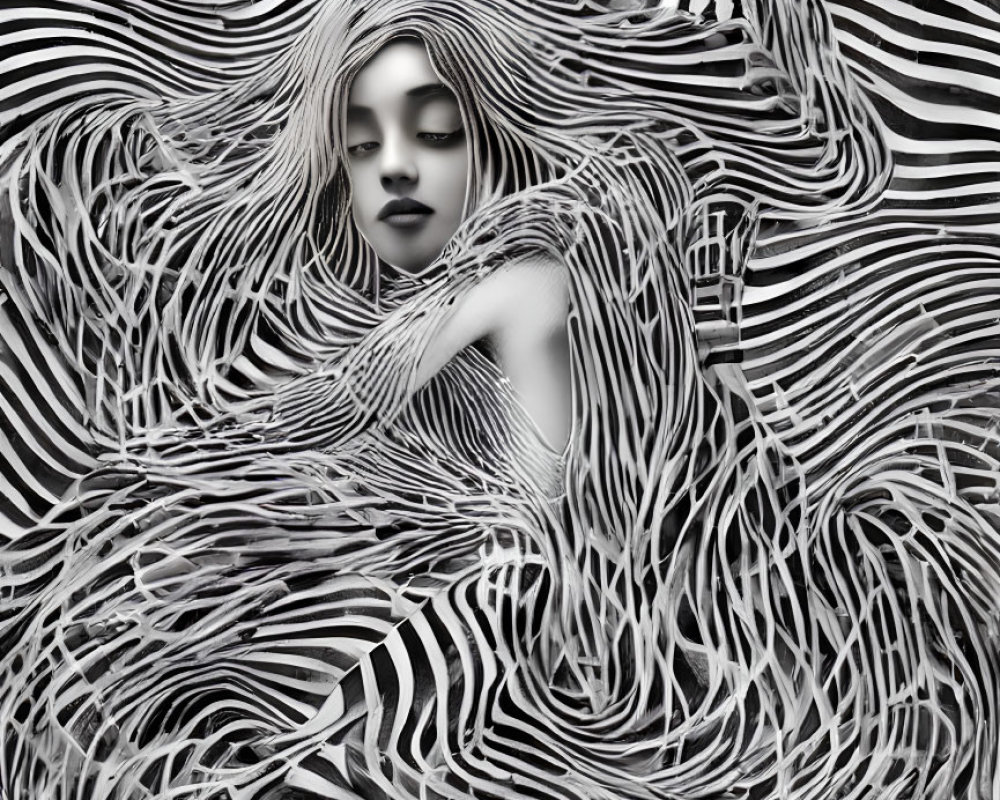 Grayscale abstract image of woman's face and flowing hair with wave-like patterns