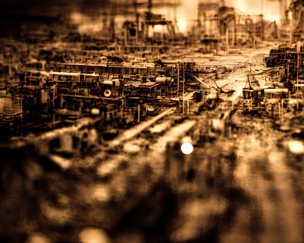 Sepia-Toned Industrial Landscape with Blurred Foreground and Gritty Atmosphere