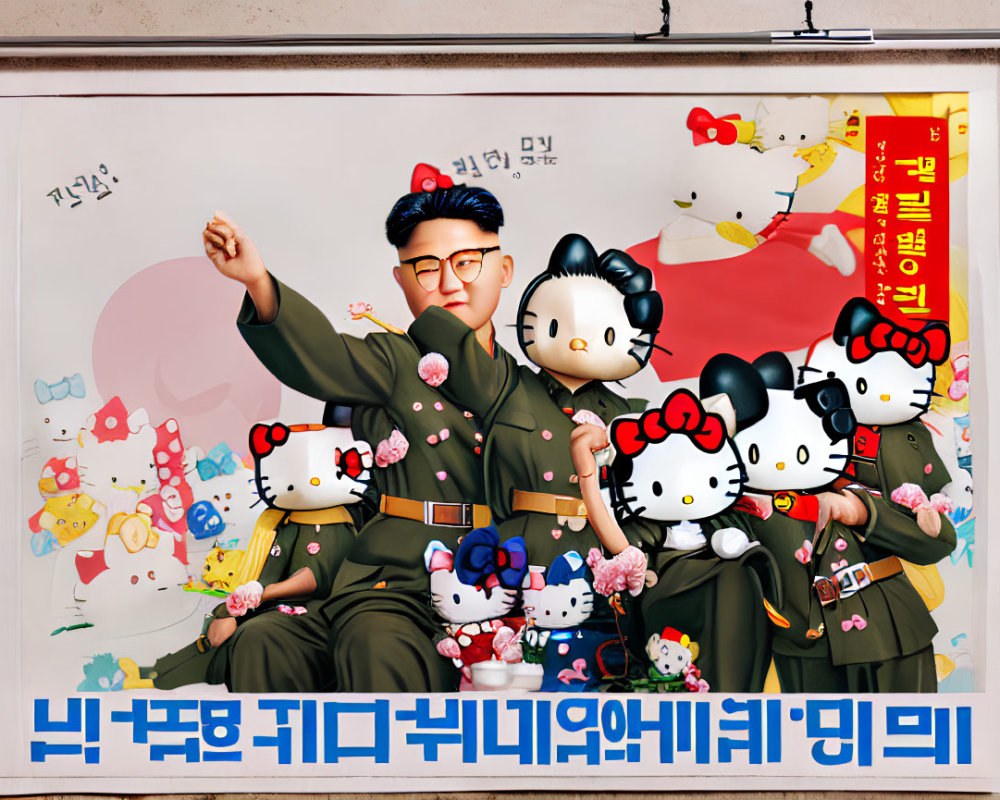 Satirical artwork featuring political figure in military uniform with Hello Kitty characters, Korean text street poster.