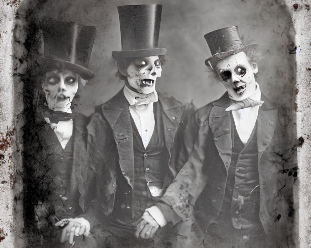 Vintage sepia photograph: Three people in skull makeup and Victorian attire with top hats in eerie setting.