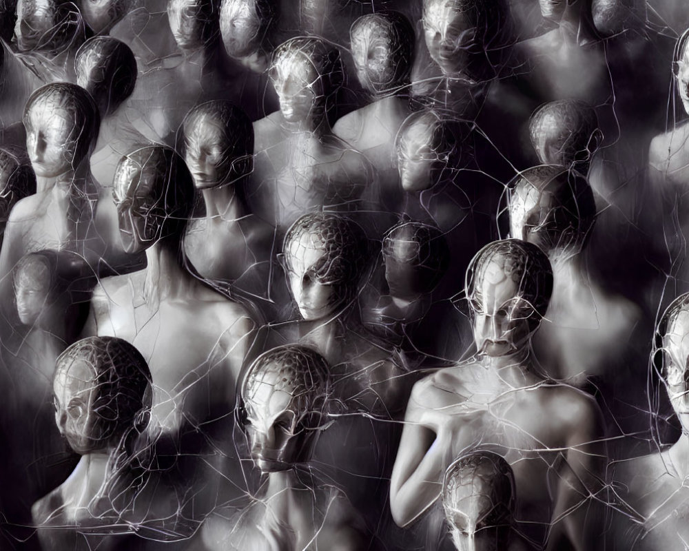 Monochrome artwork of humanoid figures with intricate mesh patterns and connecting lines