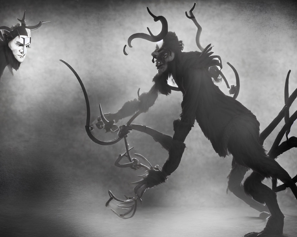 Monochromatic fantasy scene featuring imposing horned creatures in swirling mist