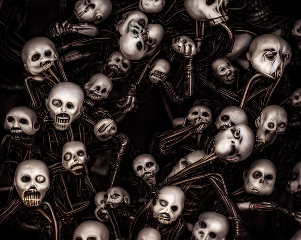 Eerie skeletal figures in dark, interconnected setting