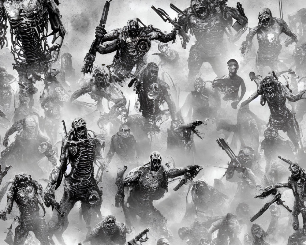 Monochromatic image of aggressive zombies with weapons