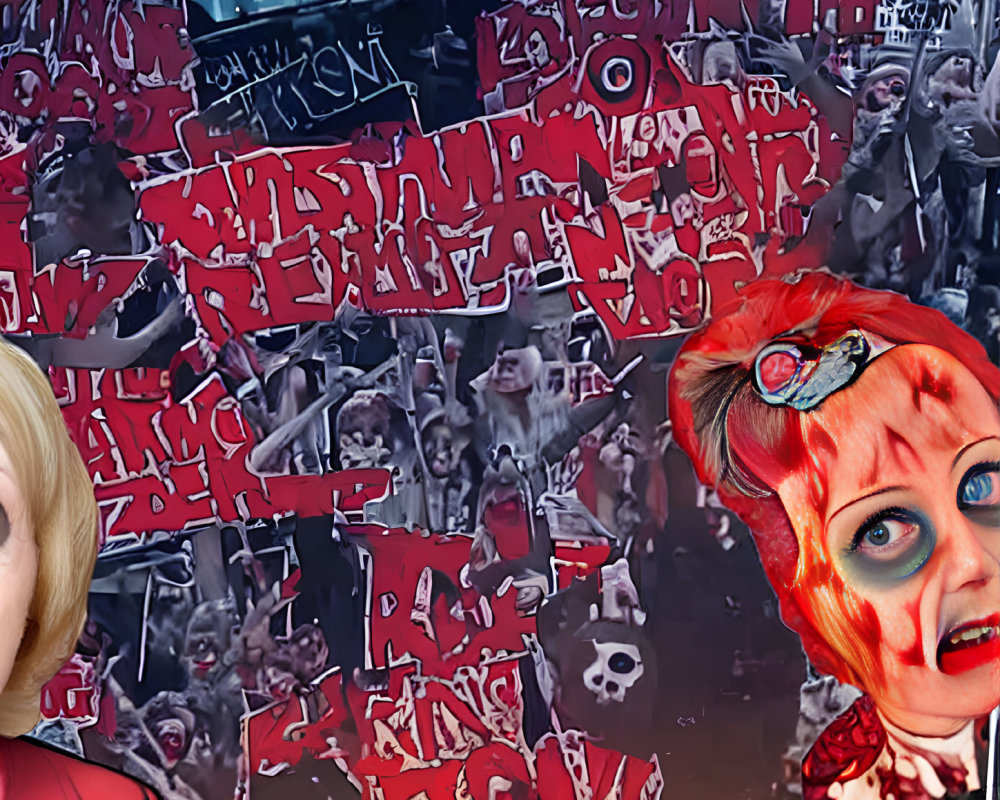 Vibrant red digital collage with woman and protest scene in surreal edits