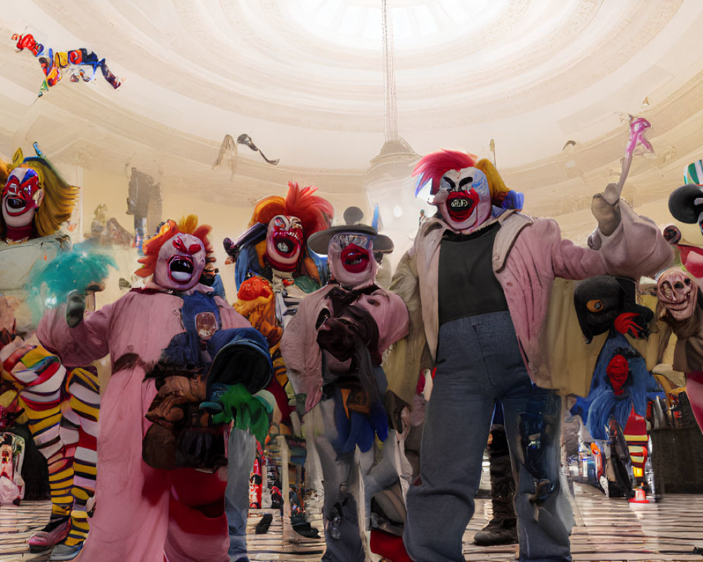 Colorful Clown Group in Grand Hall with Whimsical Decorations