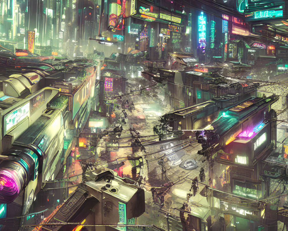 Vibrant cyberpunk cityscape with neon signs and flying vehicles