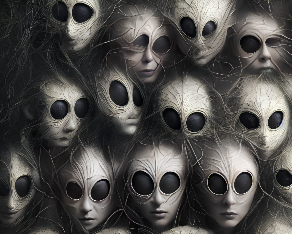 Eerie surreal image: Pale, featureless faces with dark, hollow eyes closely packed.