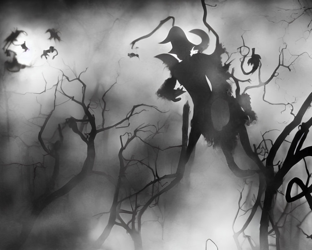 Monochrome illustration of sinister horned creature in eerie forest