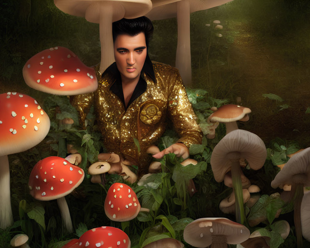 Stylized illustration: Elvis Presley in fantastical forest