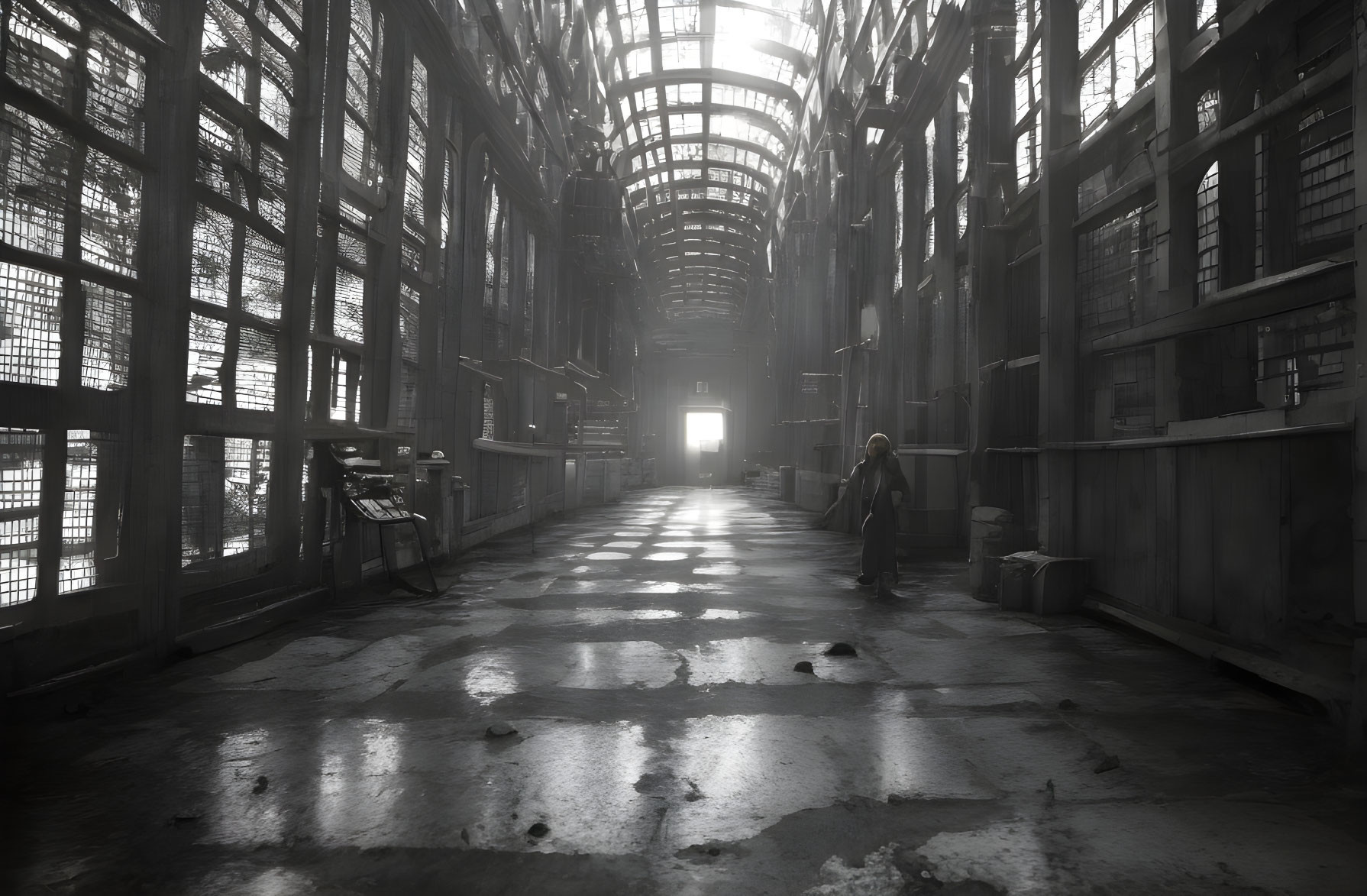 Solitary figure in dimly lit industrial space with tall windows