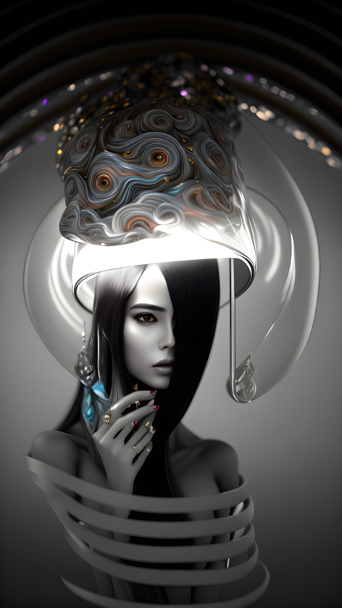 Surreal digital artwork: Woman with glossy black hair and ornate helmet