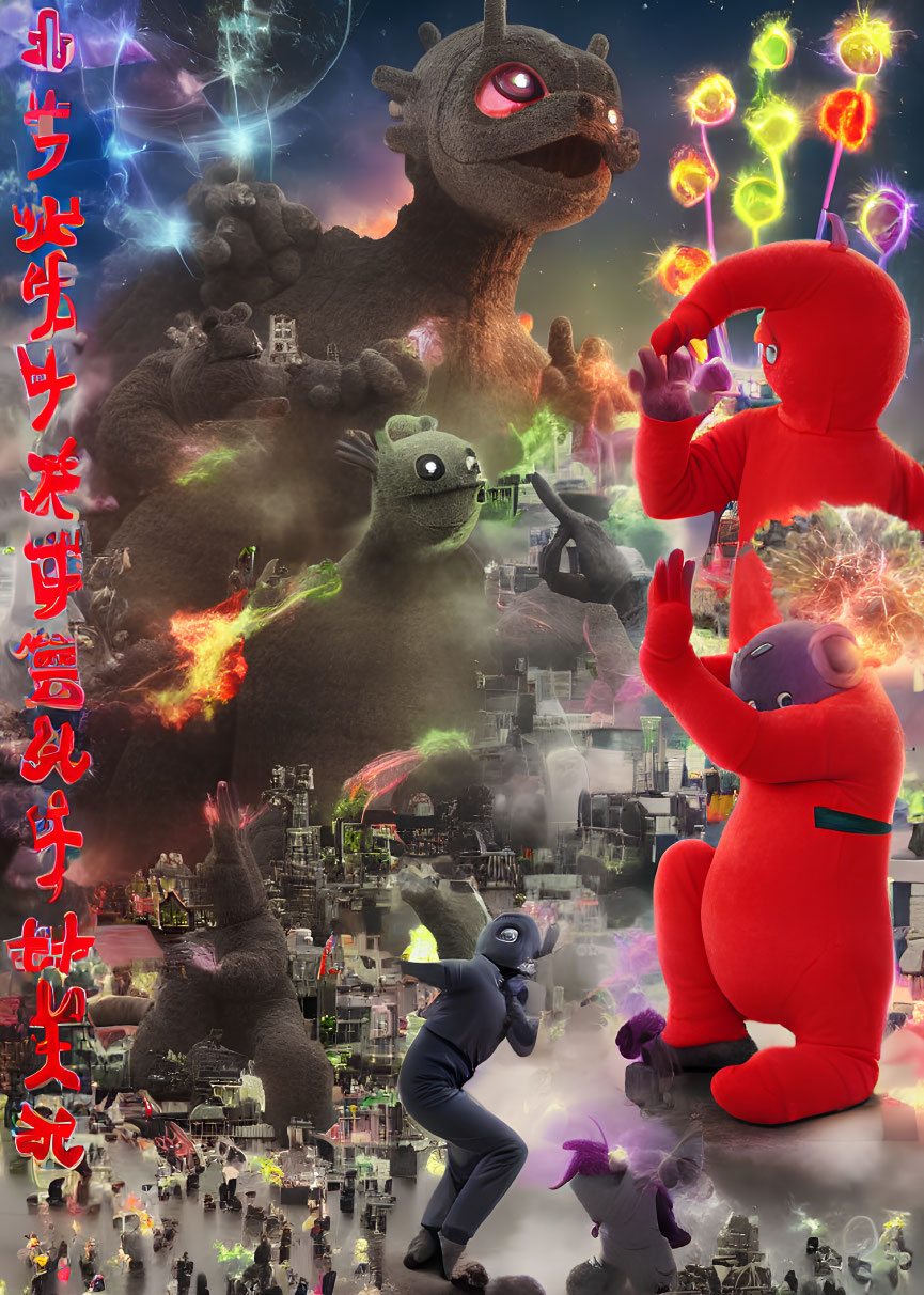 Colorful Kaiju Battle Poster with Japanese Text