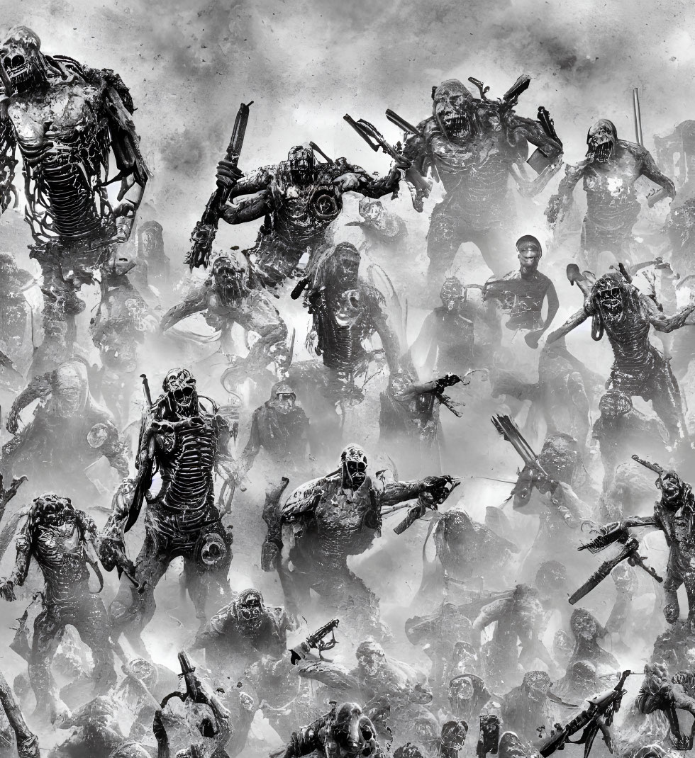 Monochromatic image of aggressive zombies with weapons