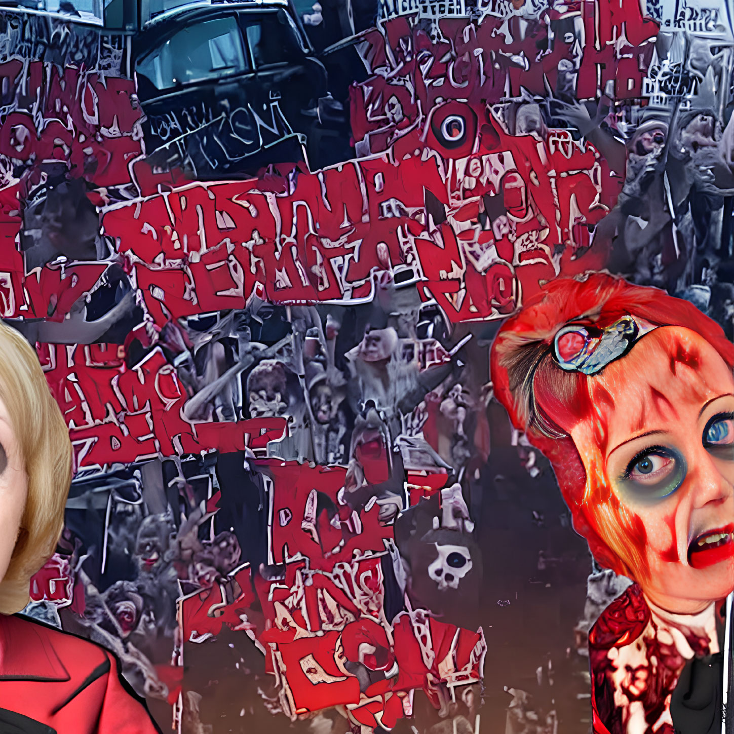 Vibrant red digital collage with woman and protest scene in surreal edits