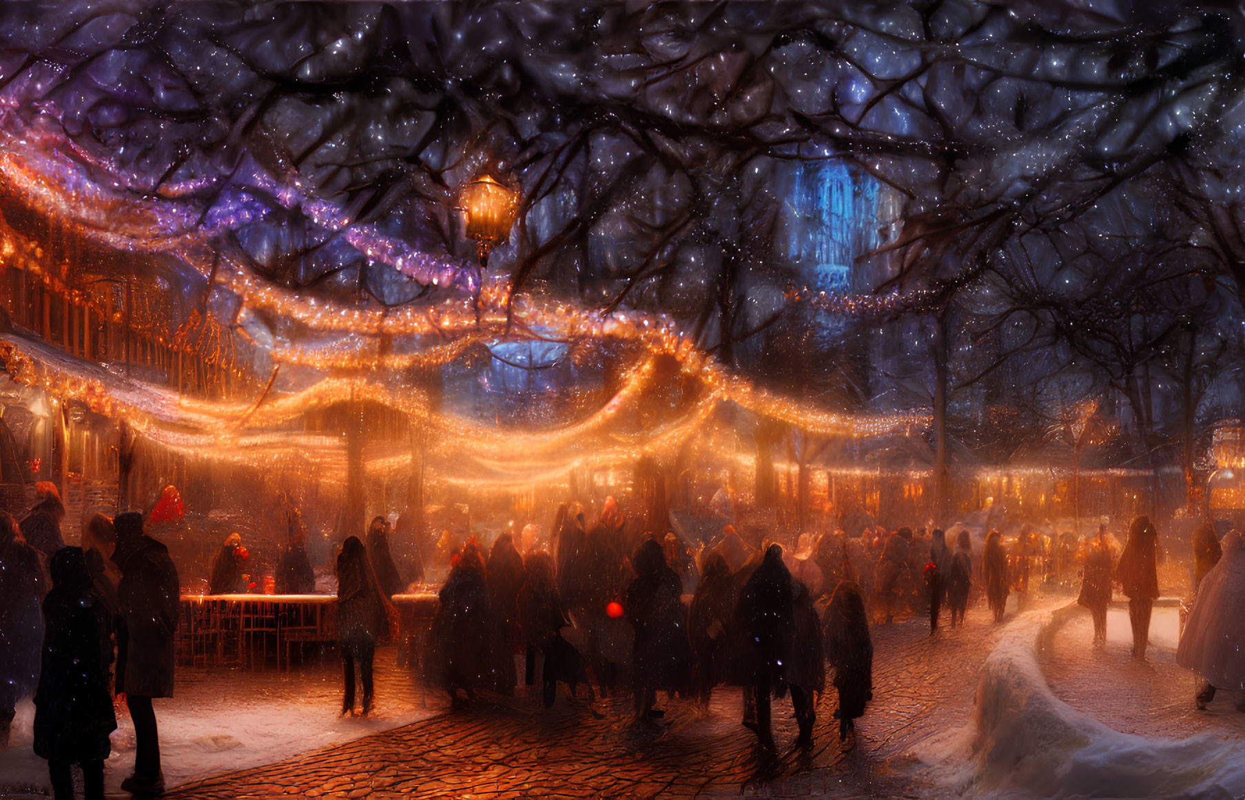 Winter Night Market: Festive Decorations & Fairy Lights Amid Snowy Cobblestones