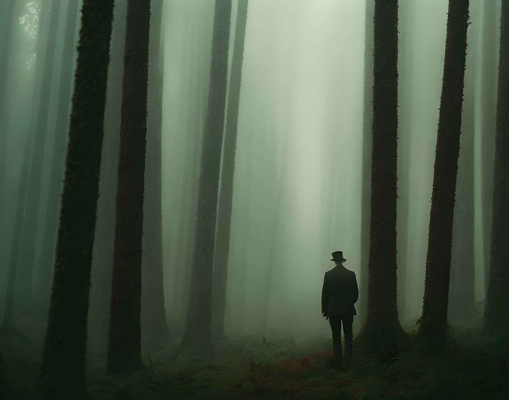 Misty forest scene with solitary figure among towering trees