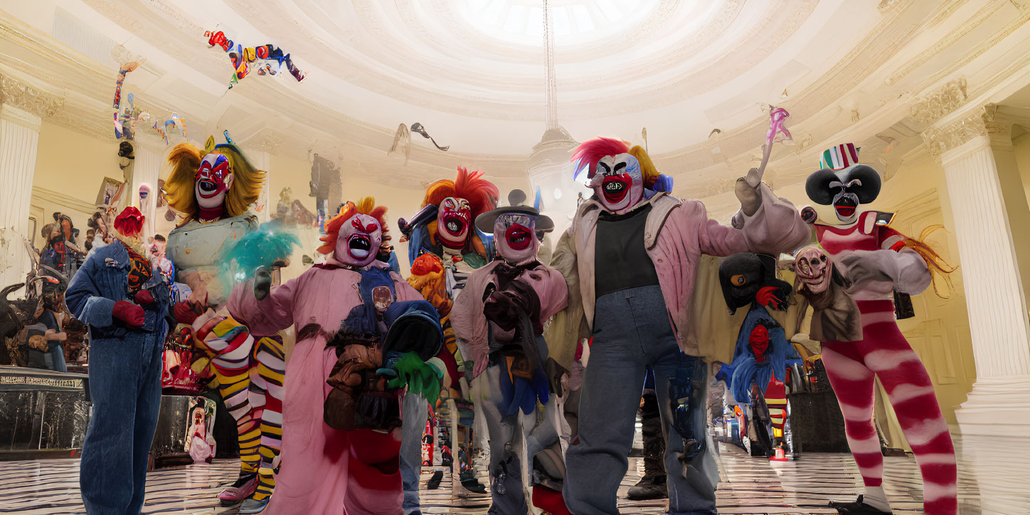 Colorful Clown Group in Grand Hall with Whimsical Decorations