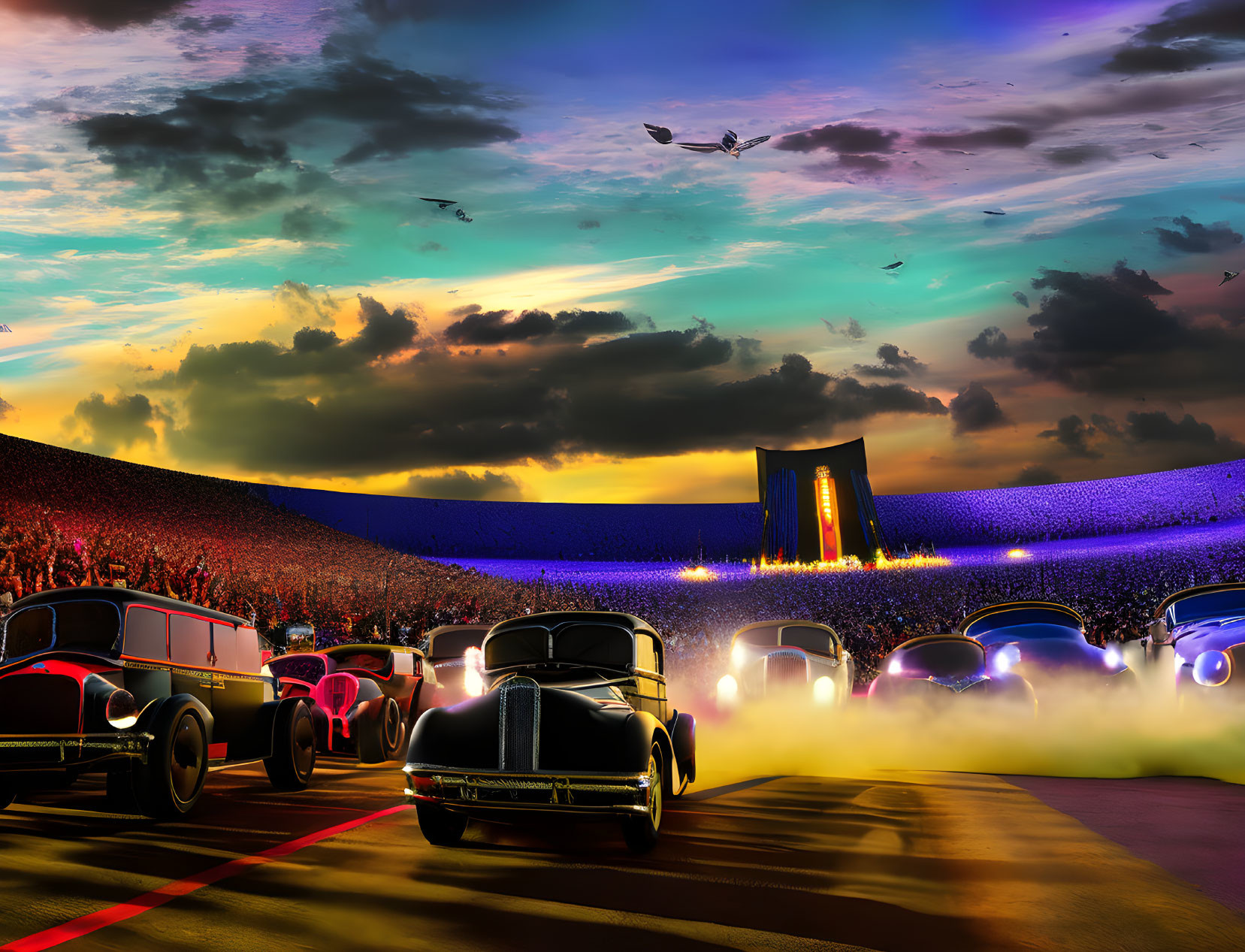 Colorful concert scene with vintage cars, cheering crowd, and sunset sky.