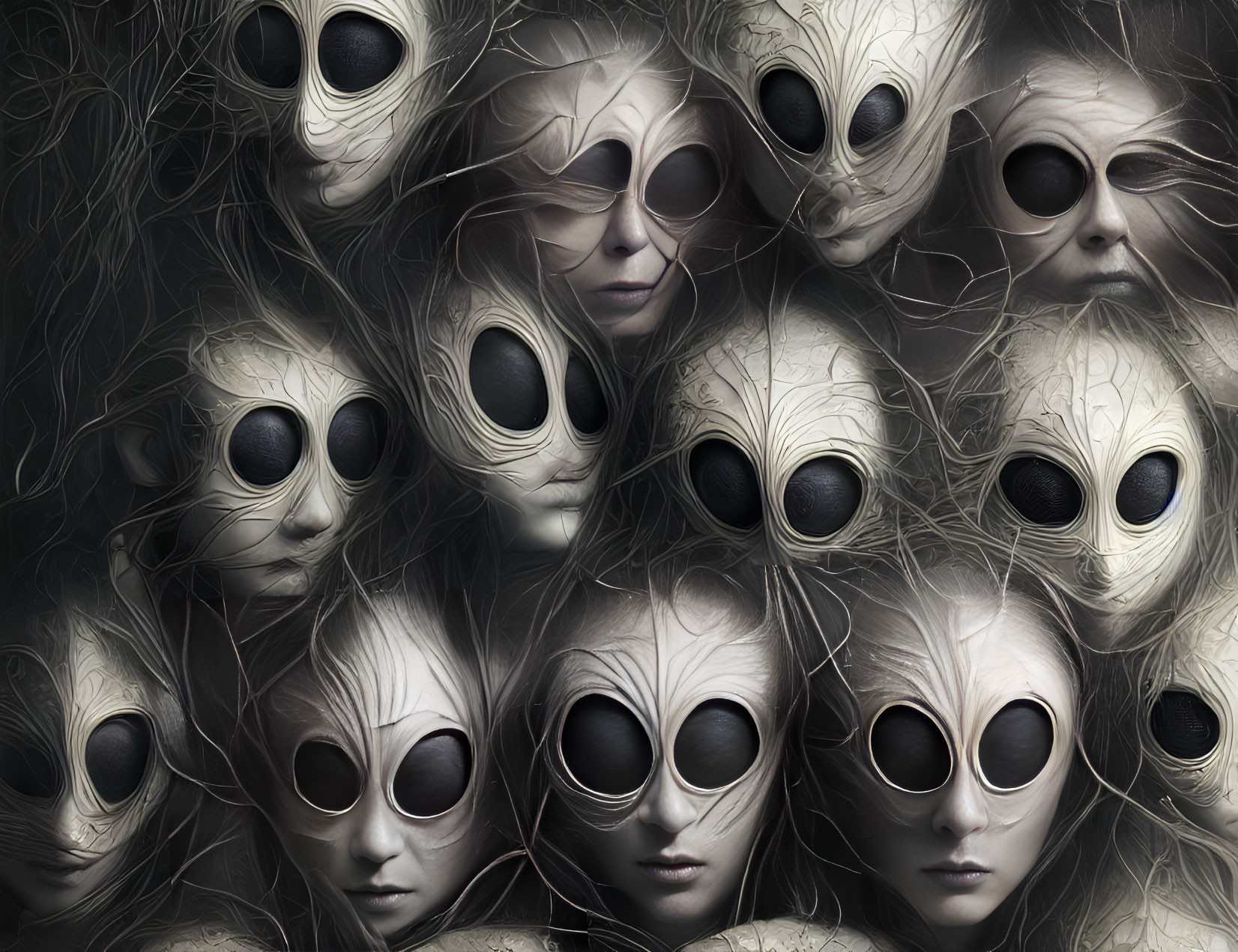 Eerie surreal image: Pale, featureless faces with dark, hollow eyes closely packed.