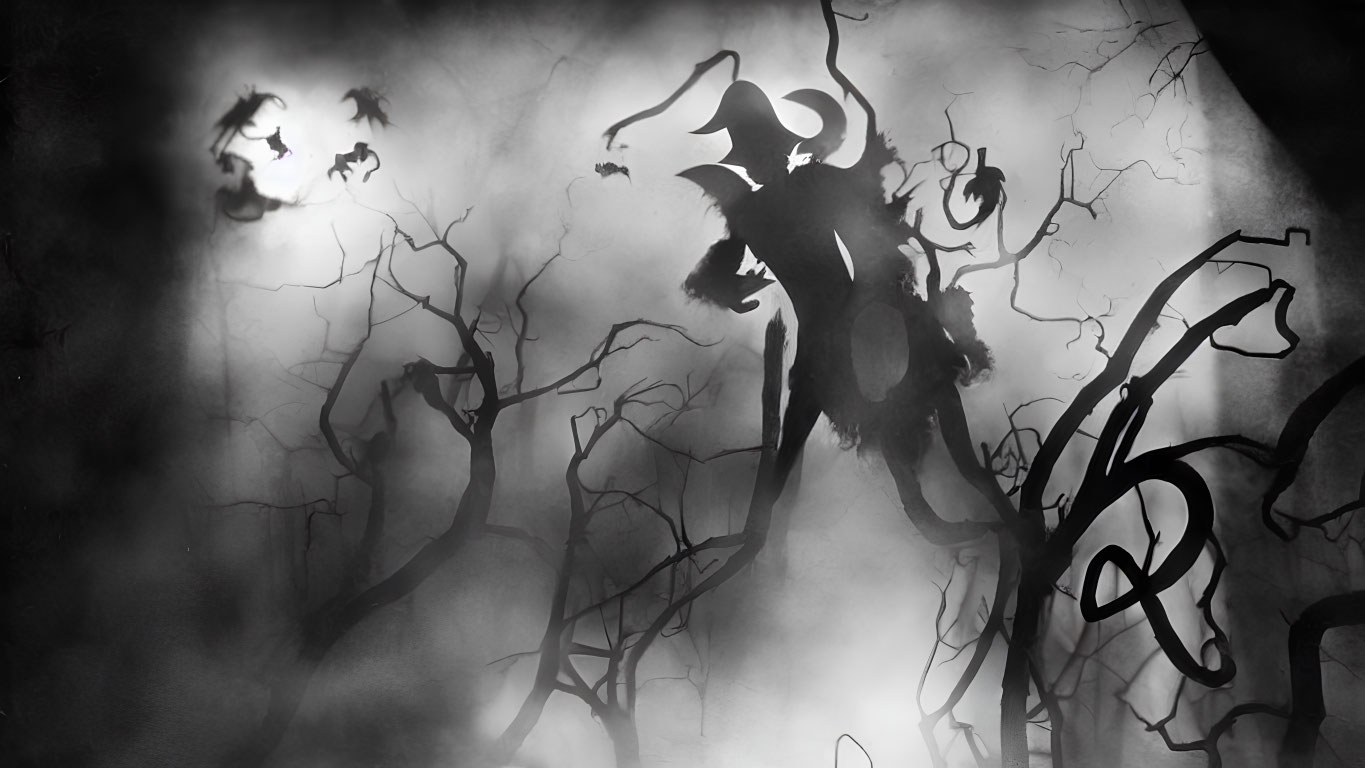 Monochrome illustration of sinister horned creature in eerie forest