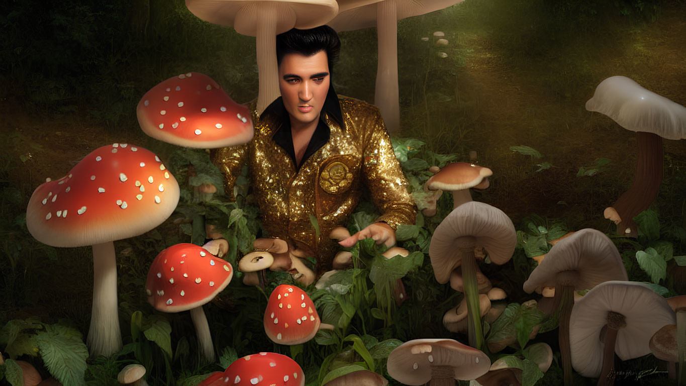 Stylized illustration: Elvis Presley in fantastical forest